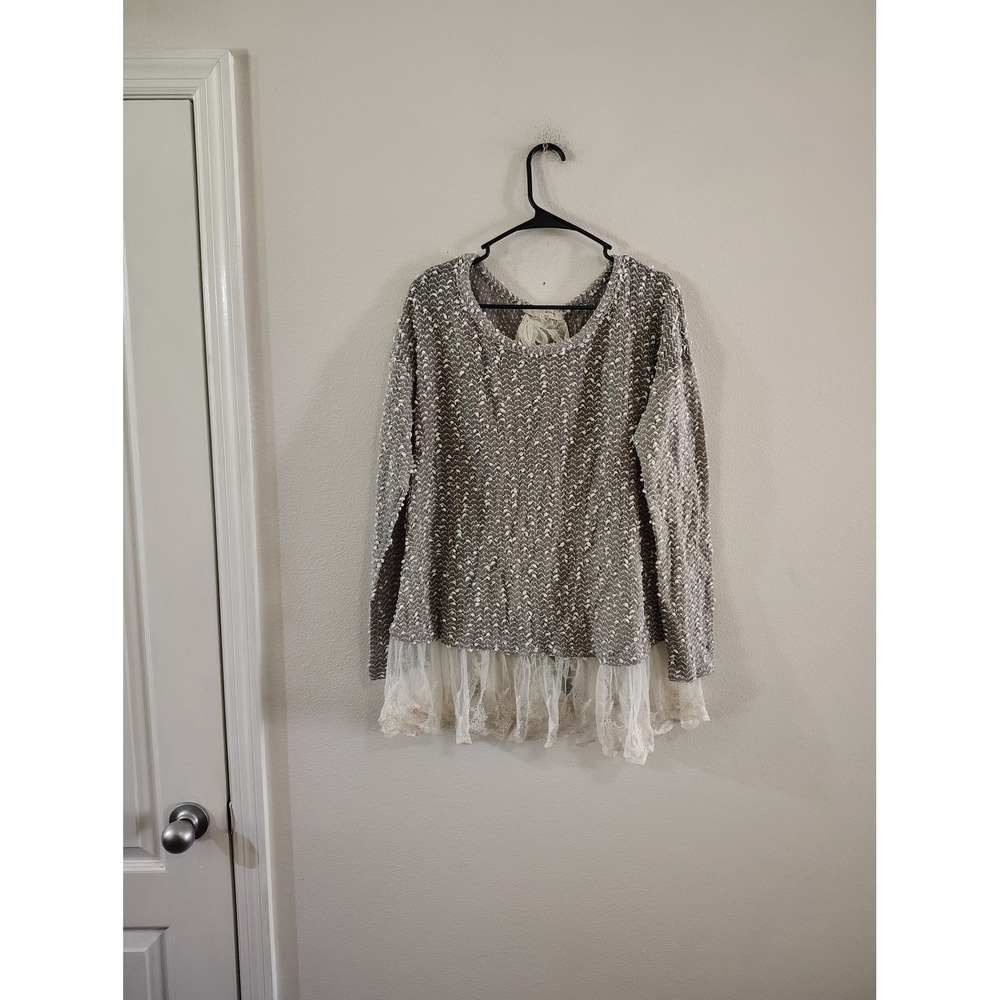 A'reve Women Taupe Knit Lace Back Ruffle Hem Sweater Top Large Boho Velvet Tie